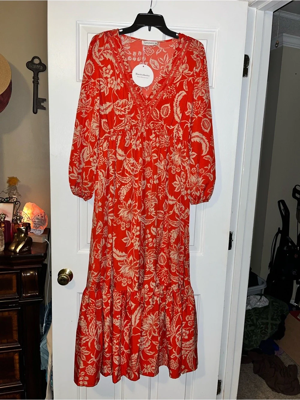 Rusttydustty Bright Red Floral Maxi Dress with Tan Print